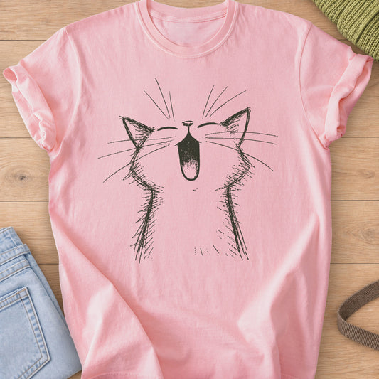 Cat with eyes shut and mouth wide open in a big meow, long whiskers fanning out, dark charcoal ink on a Blossom T-Shirt