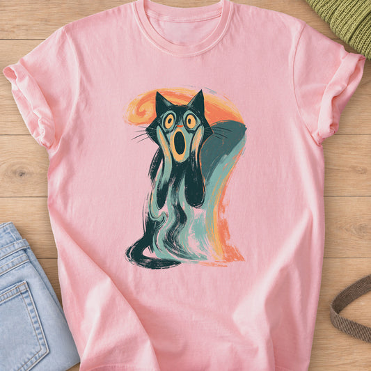 Cat with paws on its face screaming in a swirling scene inspired by The Scream on a Blossom T-Shirt