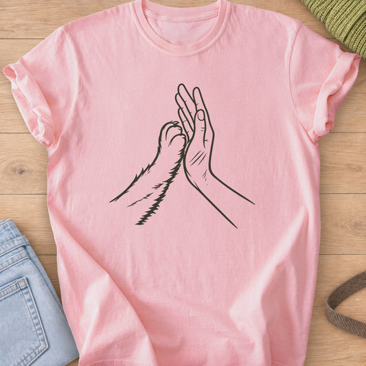 Furry cat paw and a human hand meeting in a high five, dark charcoal ink on a Blossom T-Shirt