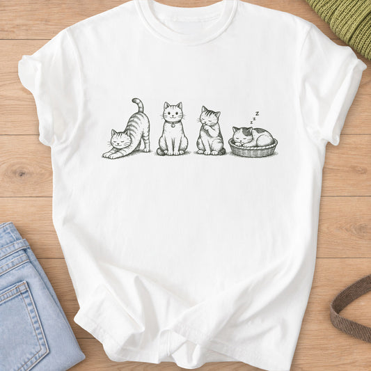 Four tabby cats in a row stretching, sitting, grooming and napping in a basket, dark charcoal ink on a White T-Shirt