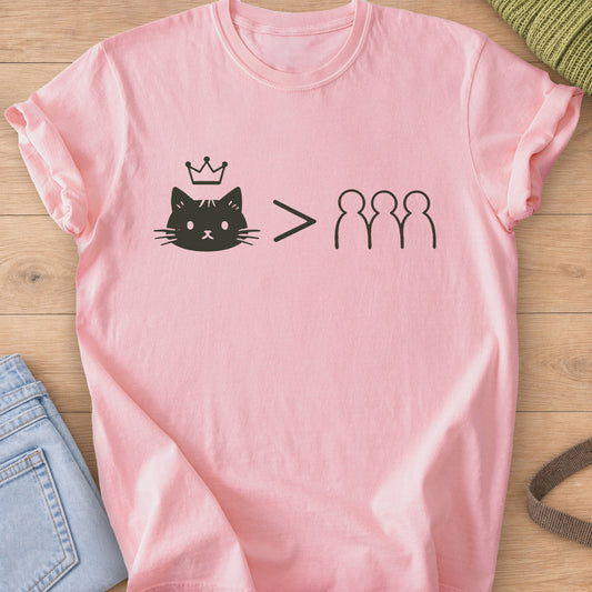 Crowned cat face with a greater-than sign before three outlined human figures, dark charcoal ink on a Blossom T-Shirt