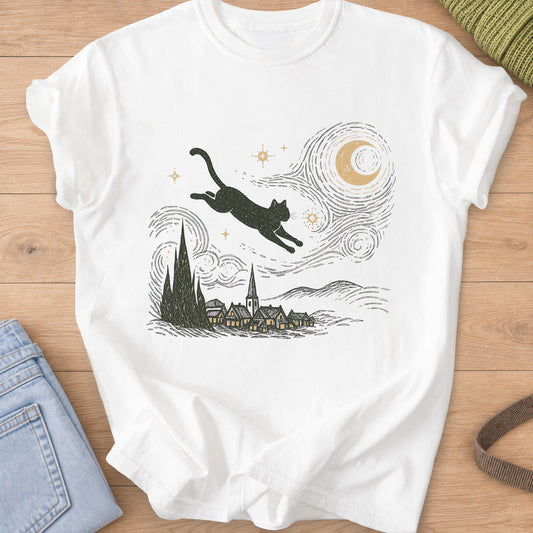 Cat leaps through a swirling night sky with a moon and stars above a village, dark charcoal ink on a White T-Shirt