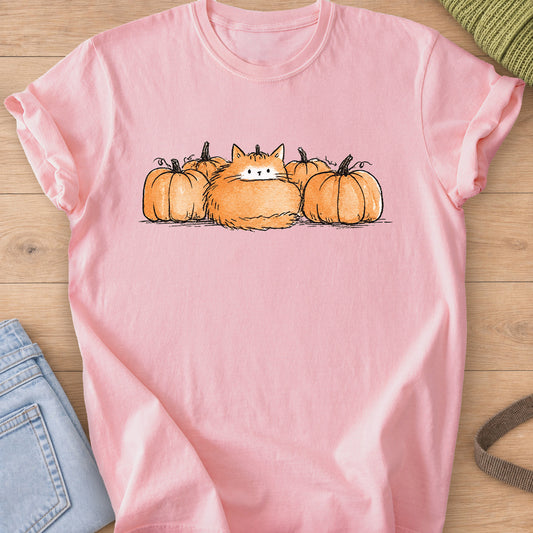 Fluffy round cat sitting in a row of pumpkins, posing as one of them on a Blossom T-Shirt