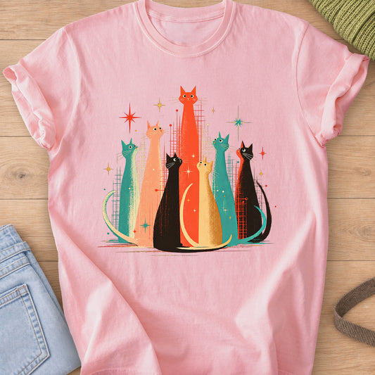 Seven tall mid-century cats sitting together among starbursts and grid lines on a Blossom T-Shirt