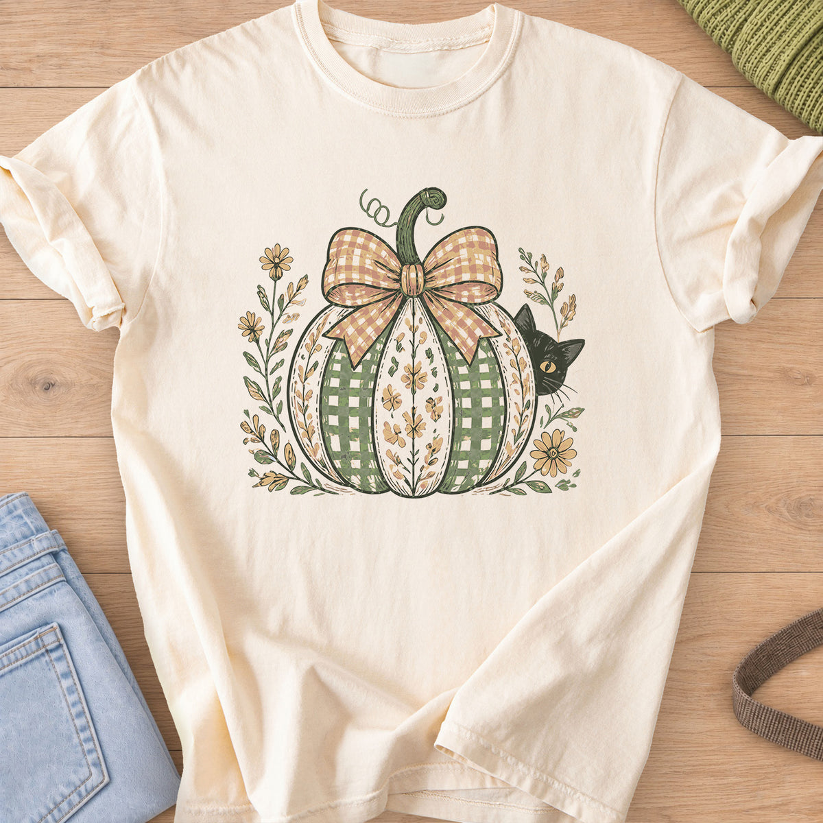 Black cat peeking from behind a gingham pumpkin with a big bow and wildflowers on an Ivory T-Shirt