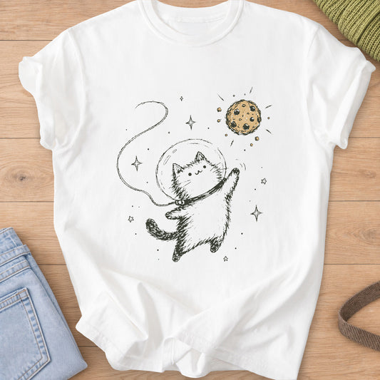 Astronaut cat in a bubble helmet floating among stars, reaching for a cookie, charcoal and tan ink on a White T-Shirt