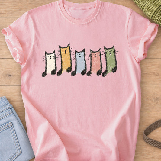 Row of five cats shaped like musical notes, some with mouths open singing on a Blossom T-Shirt