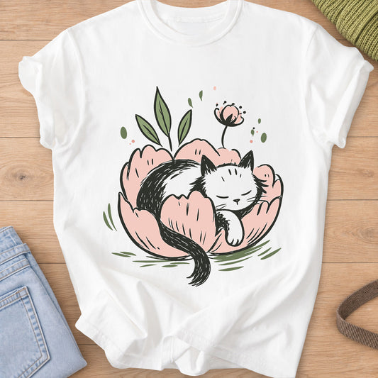 Fluffy cat curled up asleep inside a big flower bloom with leaves and a bud on a White T-Shirt