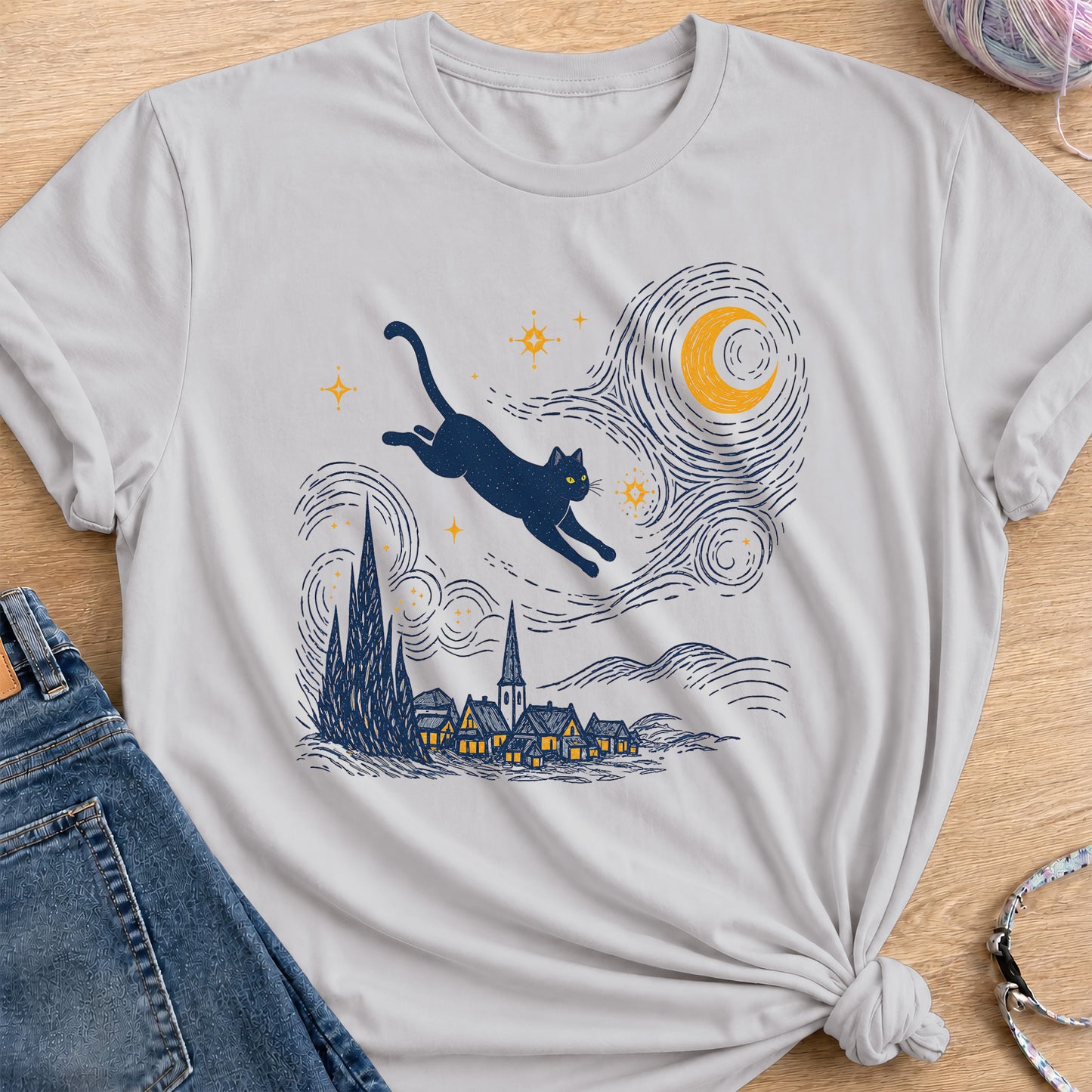 Starry Night Cat T-Shirt — Ice Grey