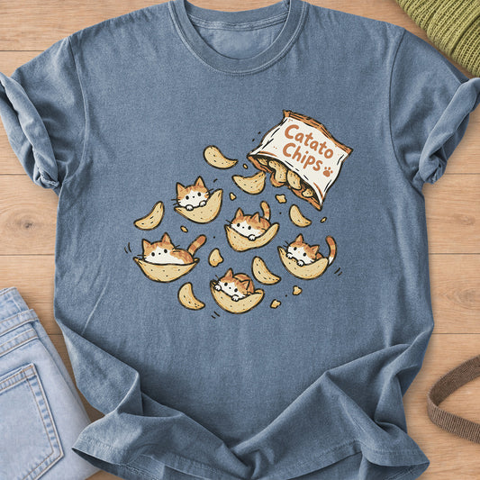 Tiny tabby cats peeking out of potato chips spilling from a "Catato Chips" bag on a Blue Jean T-Shirt