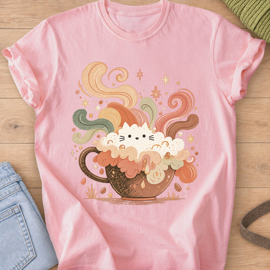 Cat peeking out of a foamy coffee cup with swirling steam, stars and coffee beans on a Blossom T-Shirt