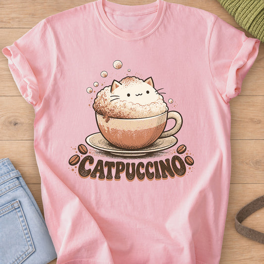 Cat peeking out of cappuccino foam in a cup on a saucer, coffee beans, "CATPUCCINO" on a Blossom T-Shirt