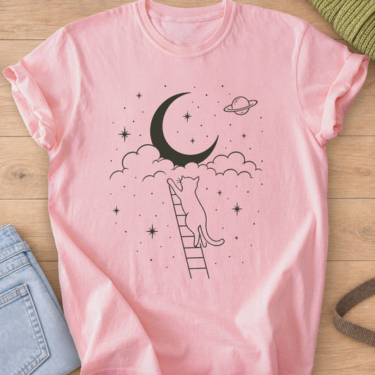 Cat on a ladder reaching up to a crescent moon in clouds, with stars and a planet, dark charcoal ink on a Blossom T-Shirt