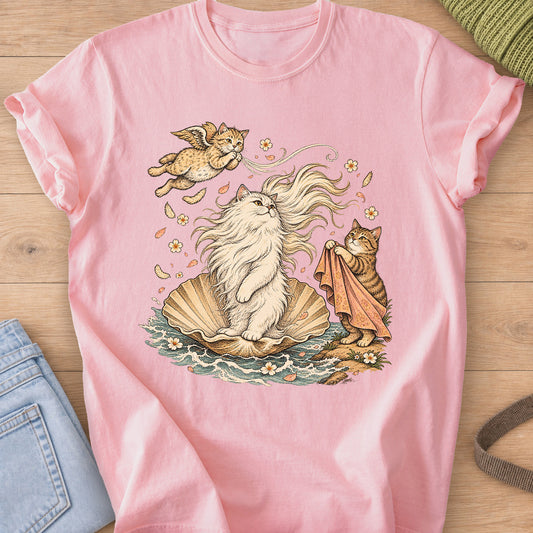 Fluffy cat on a seashell in the waves with a winged cat and a tabby holding a cloth on a Blossom T-Shirt