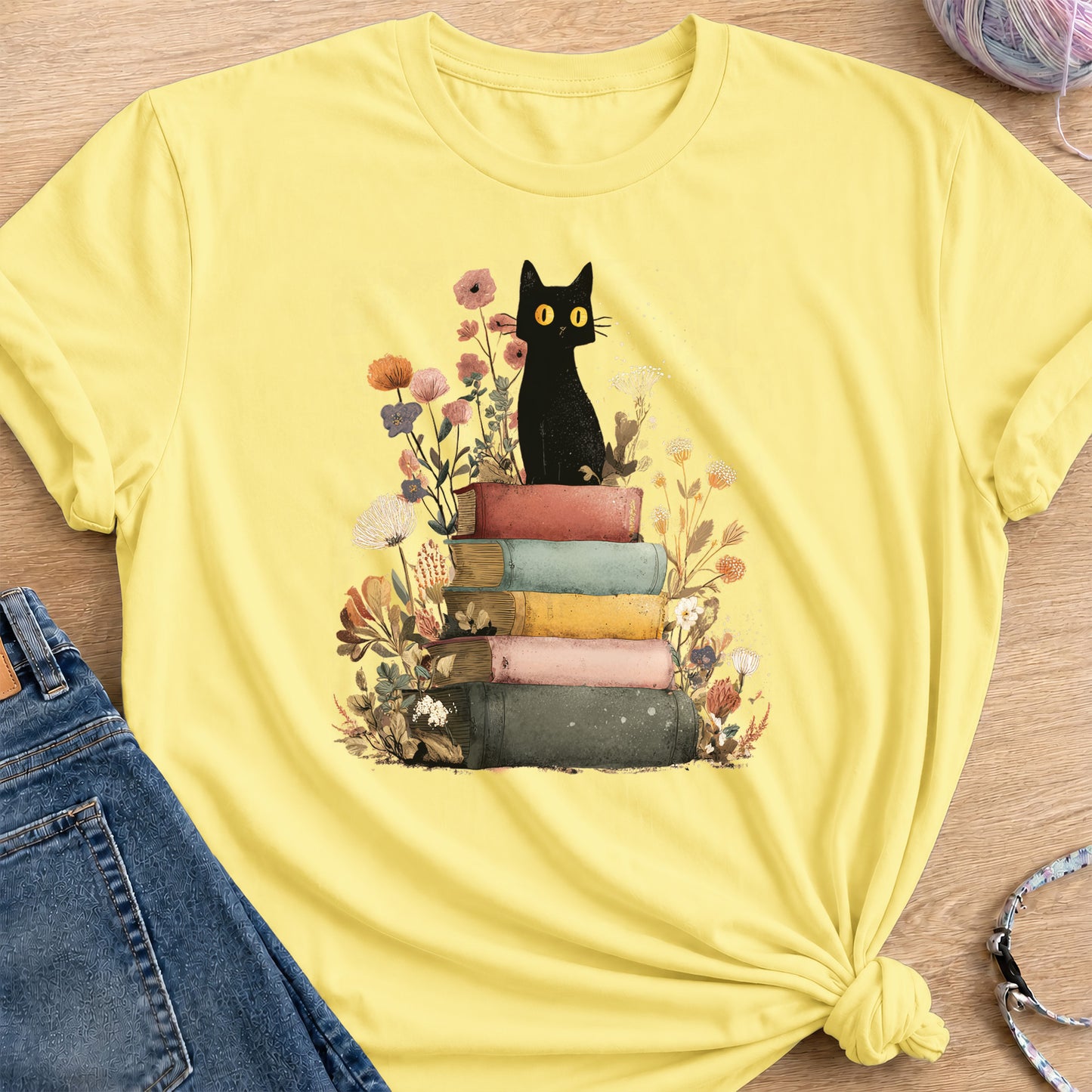 Mystic Library Cat T-Shirt — Cornsilk