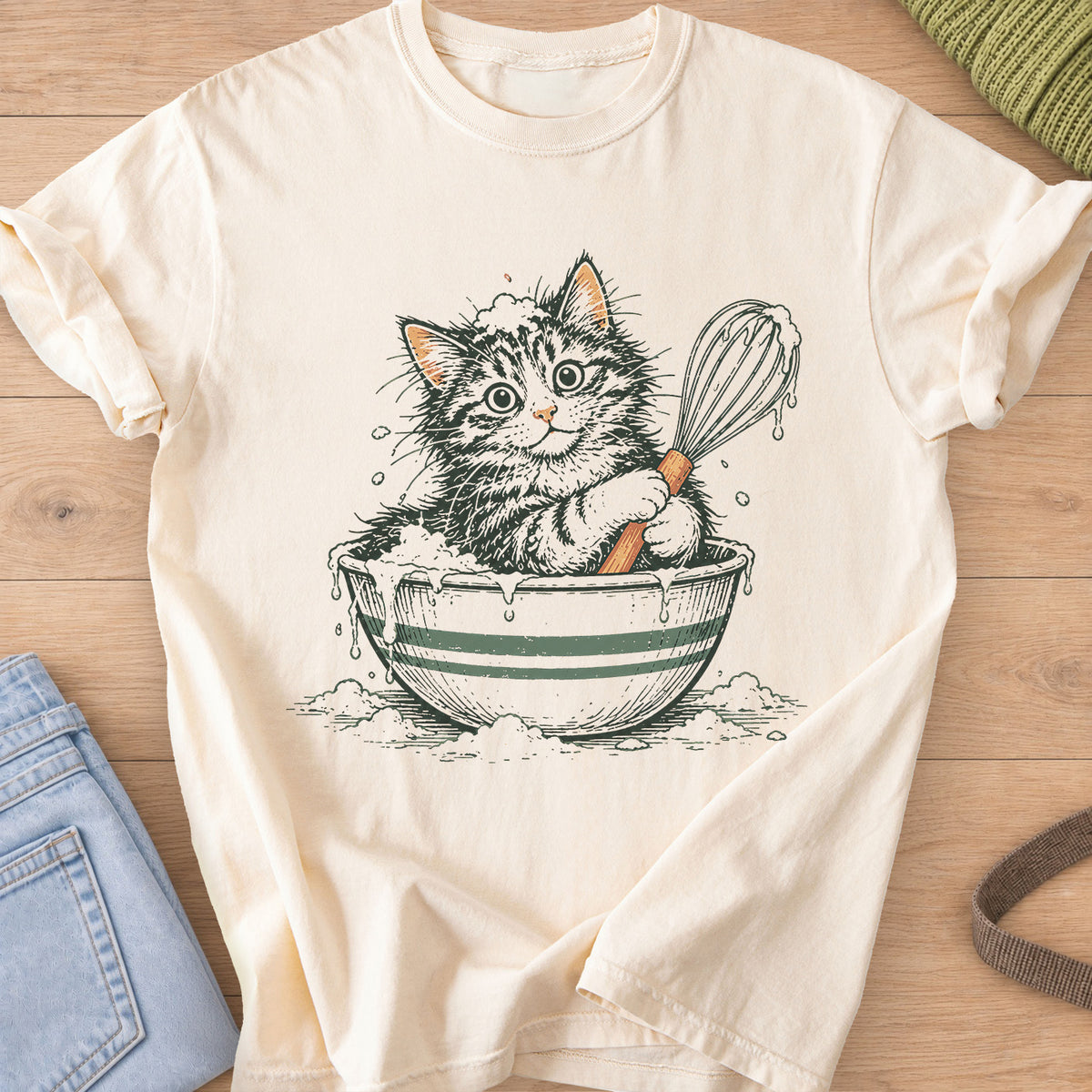 Tabby kitten sitting in a striped mixing bowl of batter, holding a dripping whisk on an Ivory T-Shirt