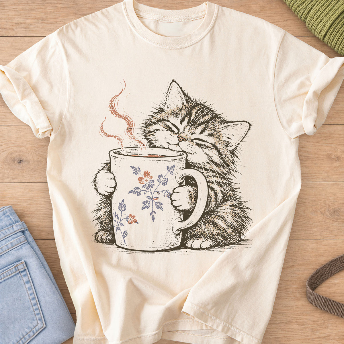Tabby kitten with closed eyes hugging a steaming mug painted with small flowers on an Ivory T-Shirt