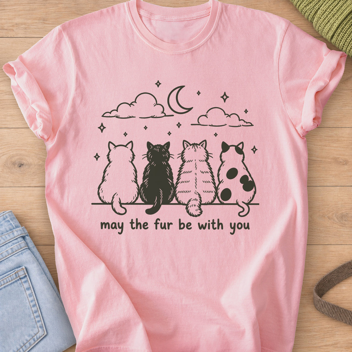 Four cats from behind gaze at a crescent moon and stars, "may the fur be with you", dark charcoal ink on a Blossom T-Shirt