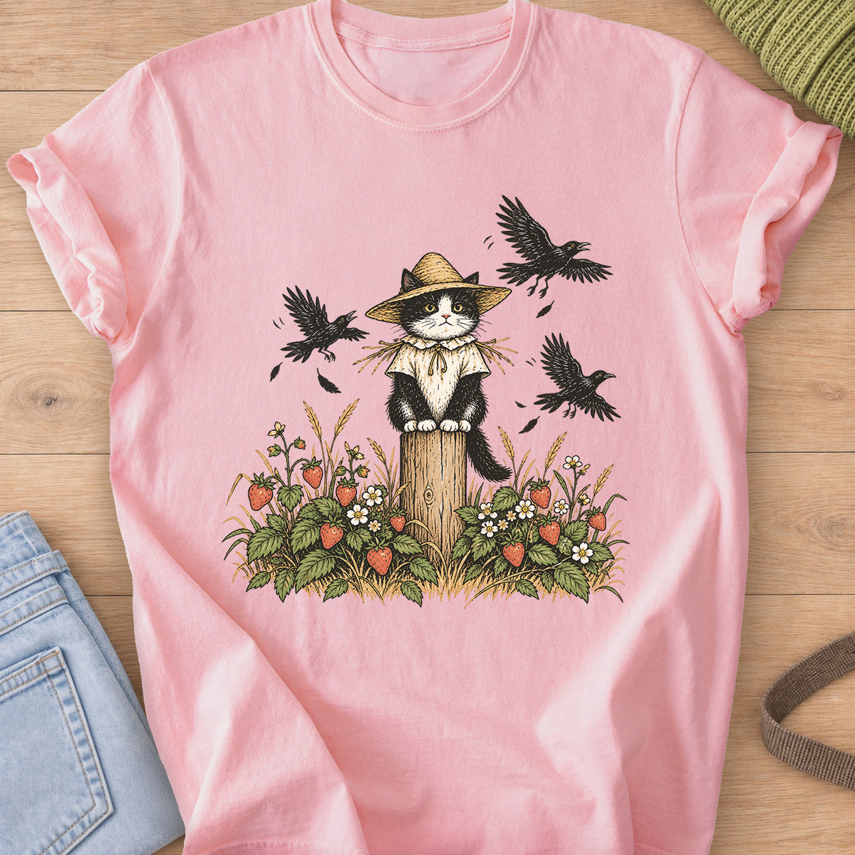 Tuxedo cat in a straw hat as a scarecrow on a post, strawberry plants and crows on a Blossom T-Shirt