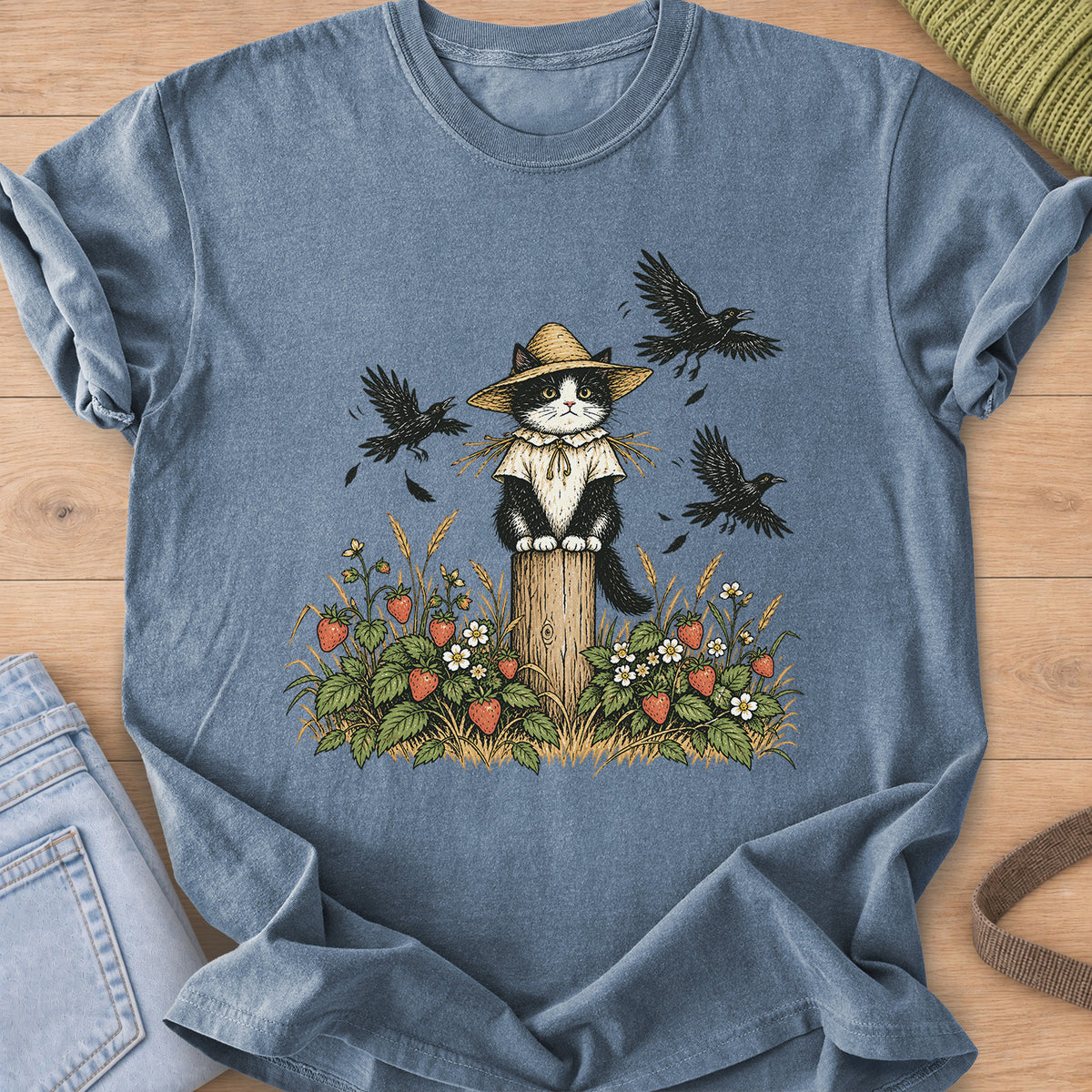 Tuxedo cat in a straw hat as a scarecrow on a post, strawberry plants and crows on a Blue Jean T-Shirt