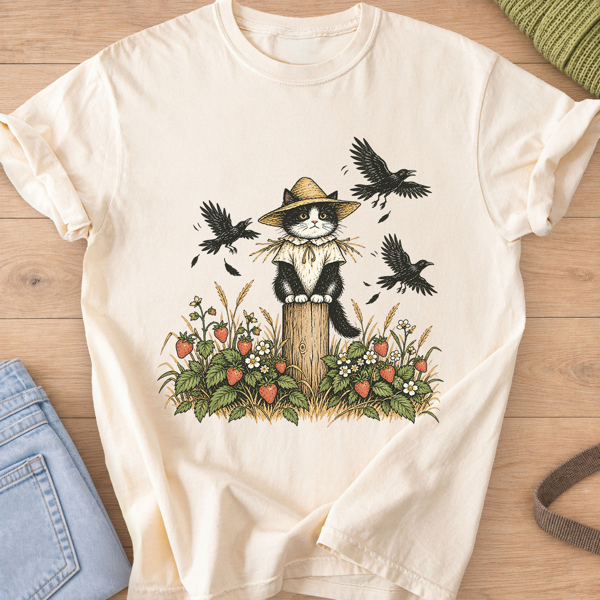 Tuxedo cat in a straw hat as a scarecrow on a post, strawberry plants and crows on an Ivory T-Shirt