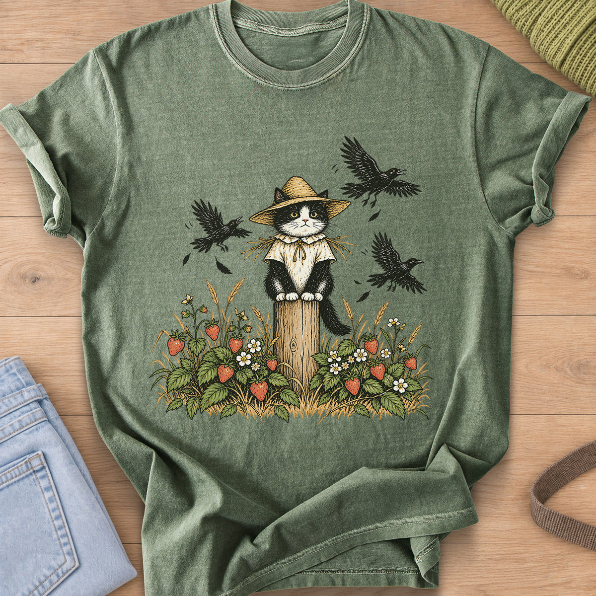 Tuxedo cat in a straw hat as a scarecrow on a post, strawberry plants and crows on a Moss T-Shirt