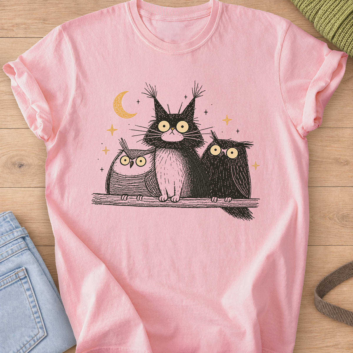 Wide-eyed fluffy cat on a branch between two owls under a crescent moon and stars on a Blossom T-Shirt