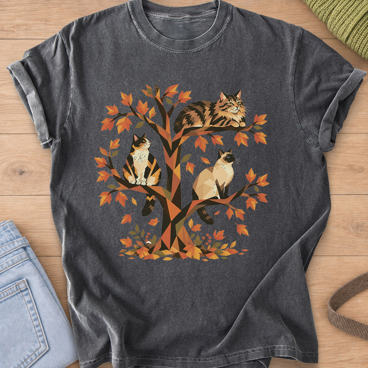 Calico, tabby and Siamese cats perched in a geometric autumn tree with leaves on a Pepper T-Shirt