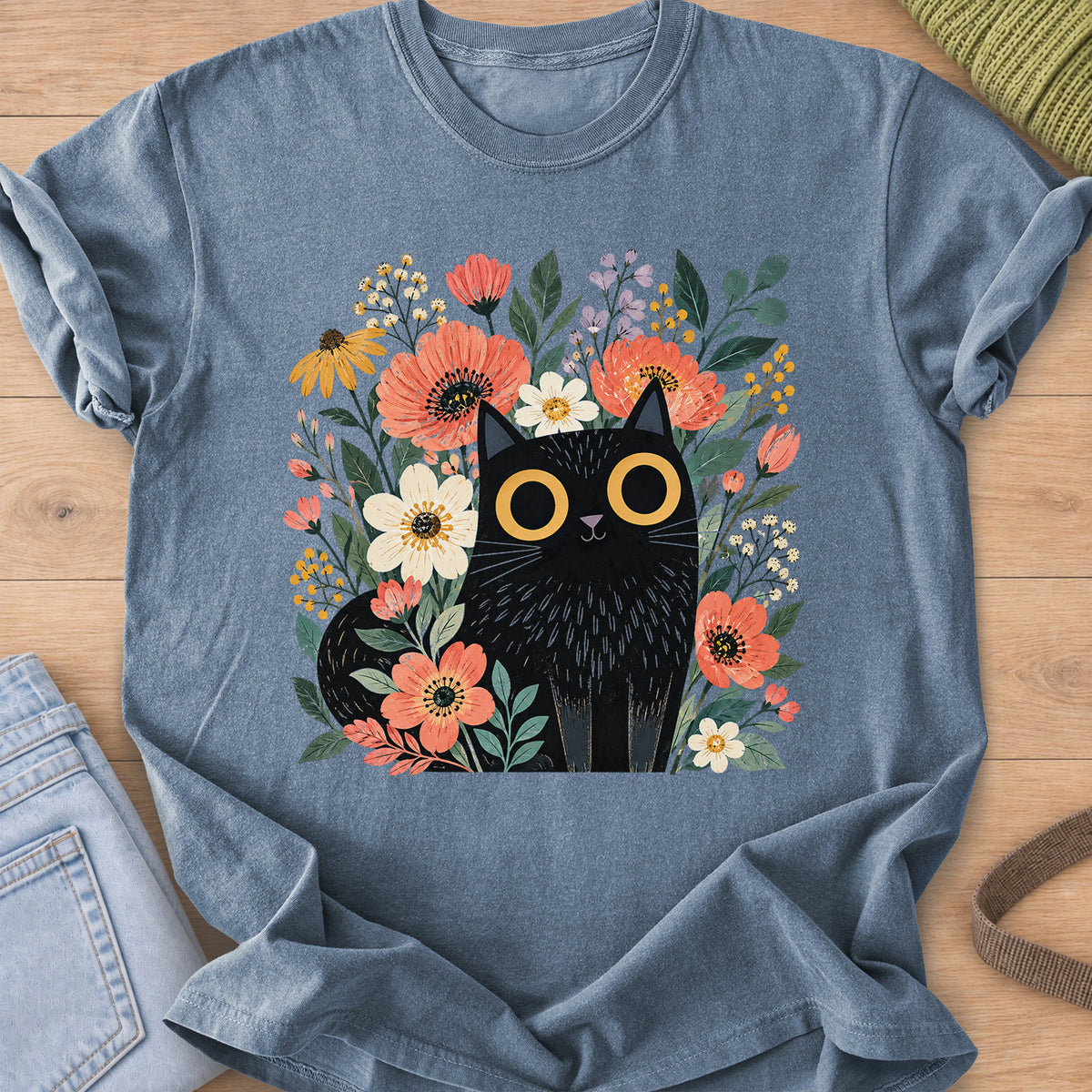 Black cat with big round eyes sitting among wildflowers, daisies and leaves on a Blue Jean T-Shirt