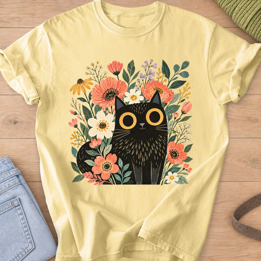 Black cat with big round eyes sitting among wildflowers, daisies and leaves on a Butter T-Shirt