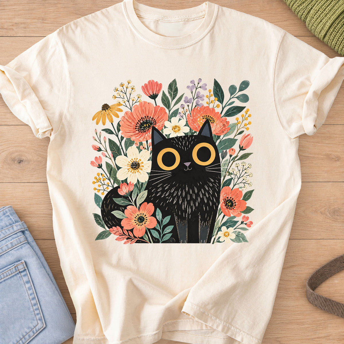 Black cat with big round eyes sitting among wildflowers, daisies and leaves on an Ivory T-Shirt