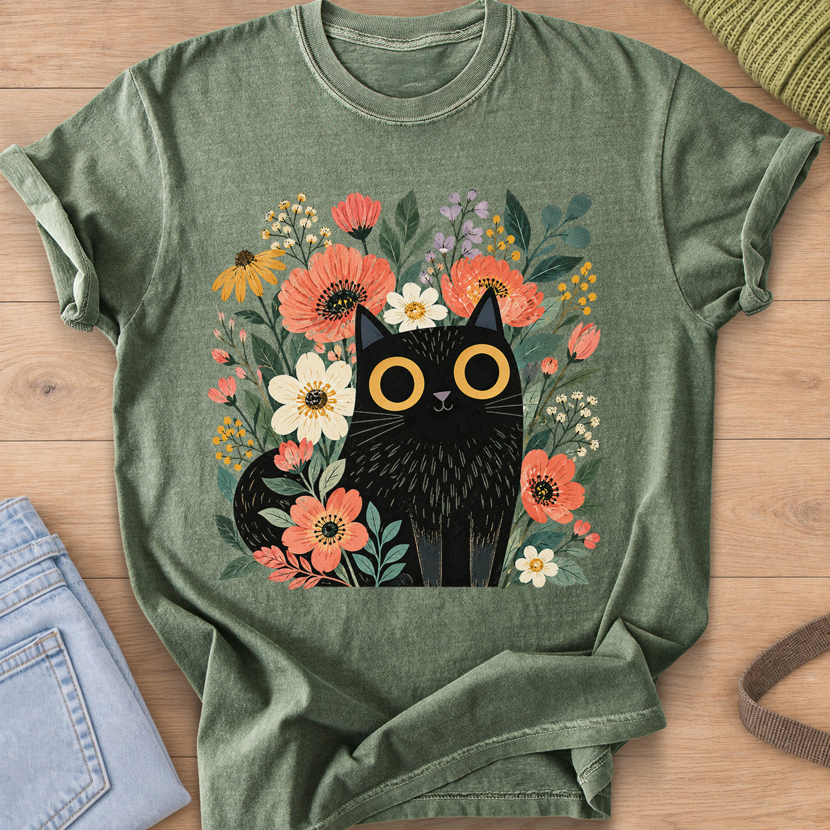 Black cat with big round eyes sitting among wildflowers, daisies and leaves on a Moss T-Shirt