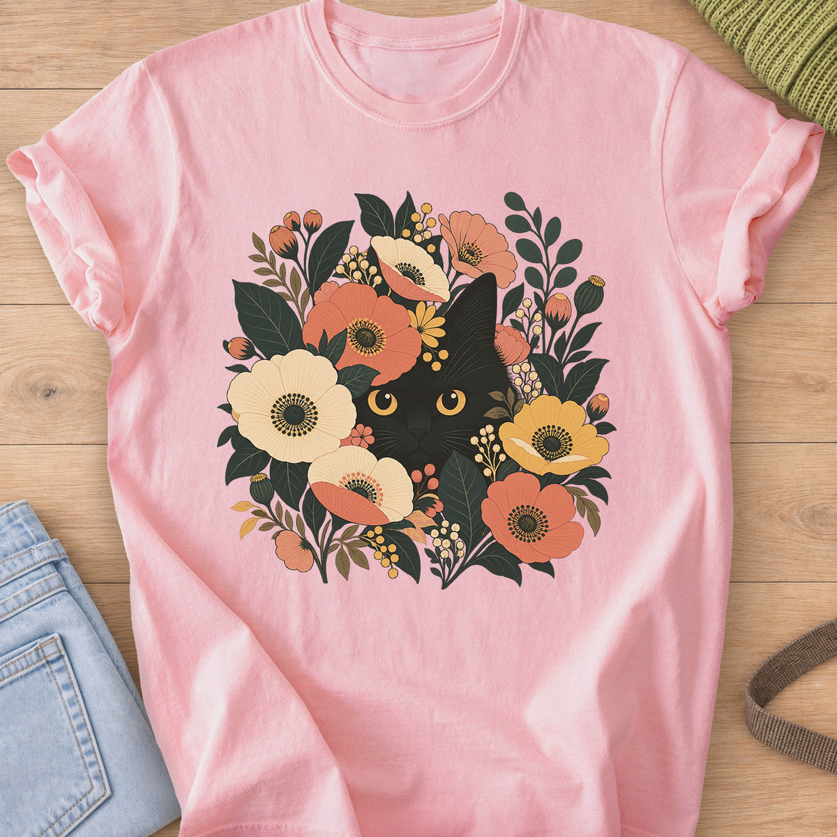 Black cat with round golden eyes peeking out from flowers, leaves and berry clusters on a Blossom T-Shirt