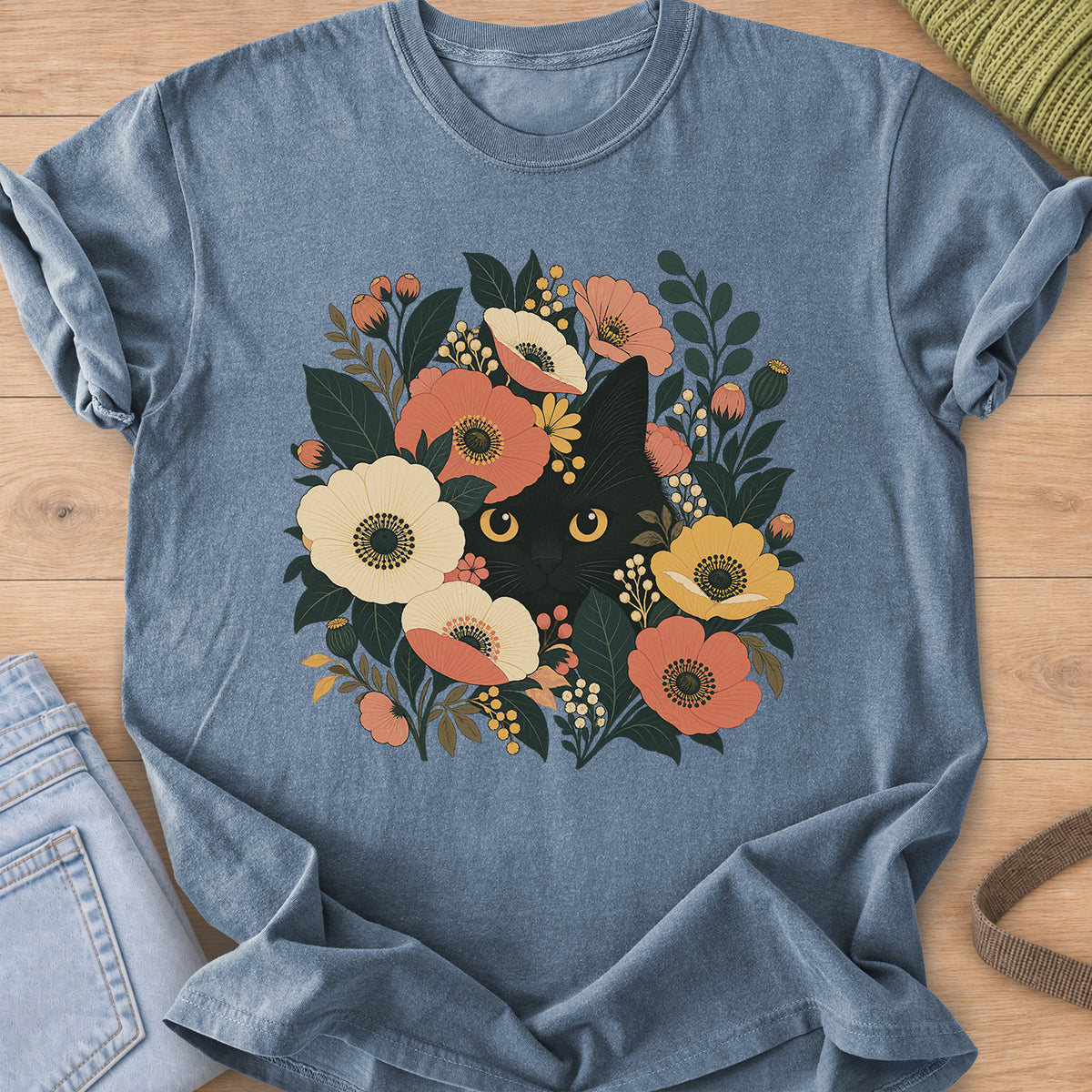 Black cat with round golden eyes peeking out from flowers, leaves and berry clusters on a Blue Jean T-Shirt