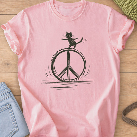 Skinny cat balancing with arms out on top of a big hand-drawn peace sign, dark charcoal ink on a Blossom T-Shirt