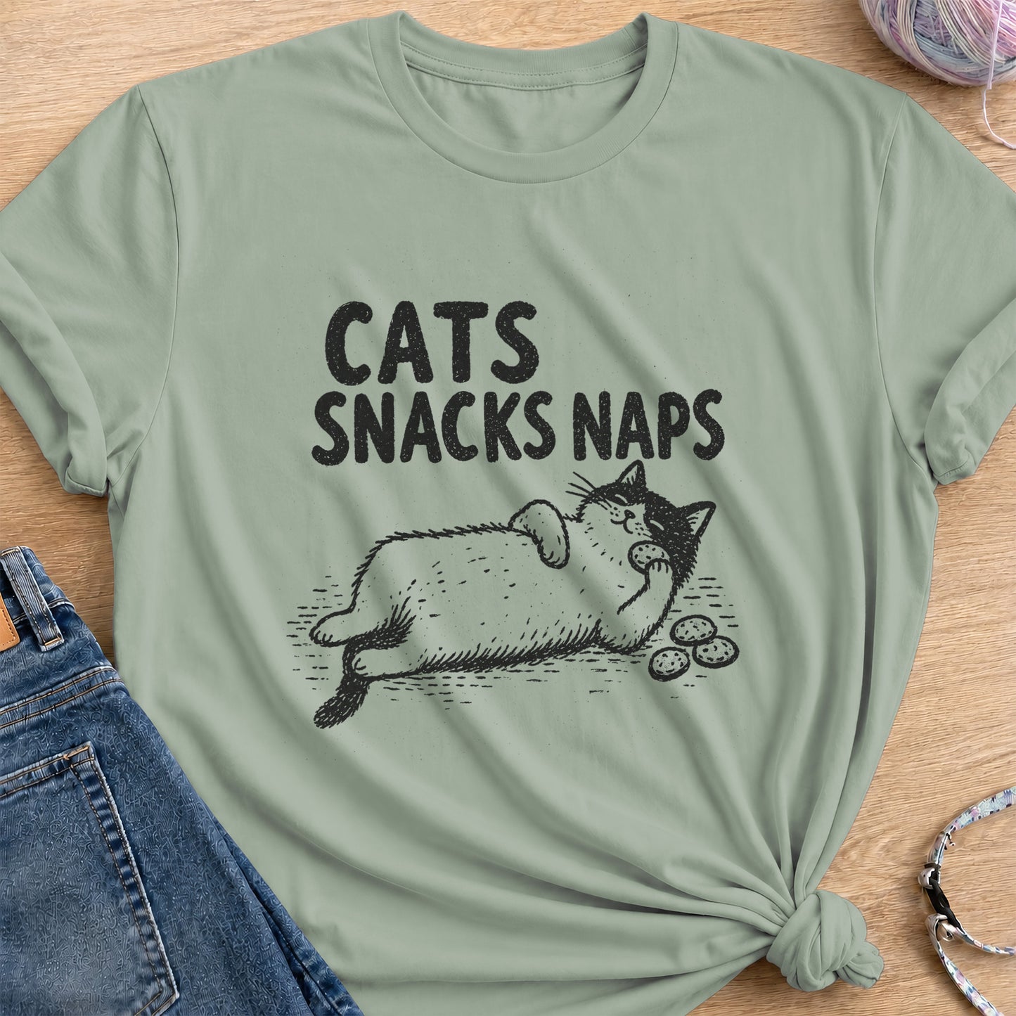 Cats Snacks Naps T-Shirt — Sage