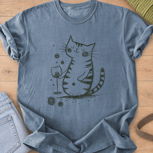 Content tabby cat with eyes closed holding a wine glass, scribbled swirls around it, dark charcoal ink on a Blue Jean T-Shirt