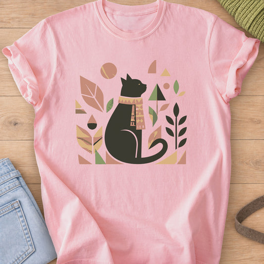 Seated cat in a patterned scarf among geometric leaves, triangles and a sun on a Blossom T-Shirt