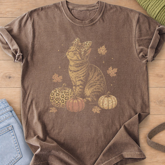 Tabby cat with a leopard print bow gazing up among pumpkins and maple leaves on an Espresso T-Shirt