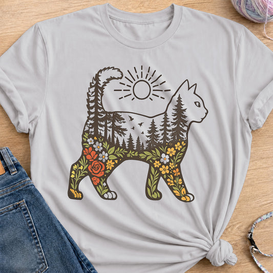 Woodland Cat T-Shirt — Ice Grey