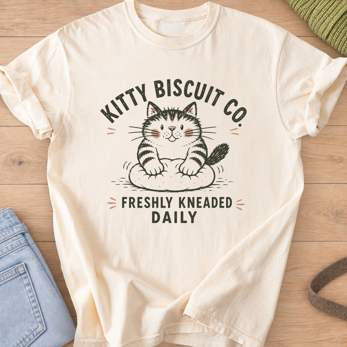 Smiling tabby cat kneading dough with the words "Freshly Kneaded Daily" on an Ivory T-Shirt
