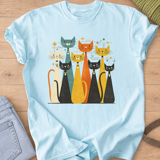 Eight tall mid-century cats with collar bells among starbursts and dots on a Chambray T-Shirt