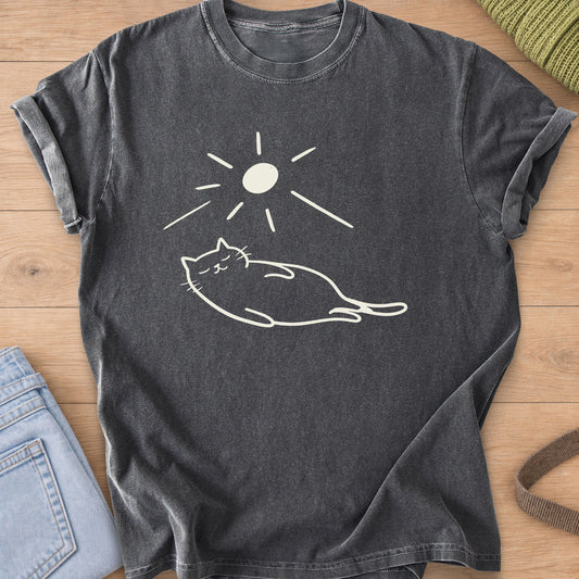 Chubby cat sleeping stretched out under a sun with long rays, cream ink on a Pepper T-Shirt