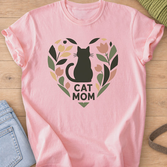 Sitting cat silhouette inside a heart wreath of leaves and tulips, "Cat Mom" on a Blossom T-Shirt