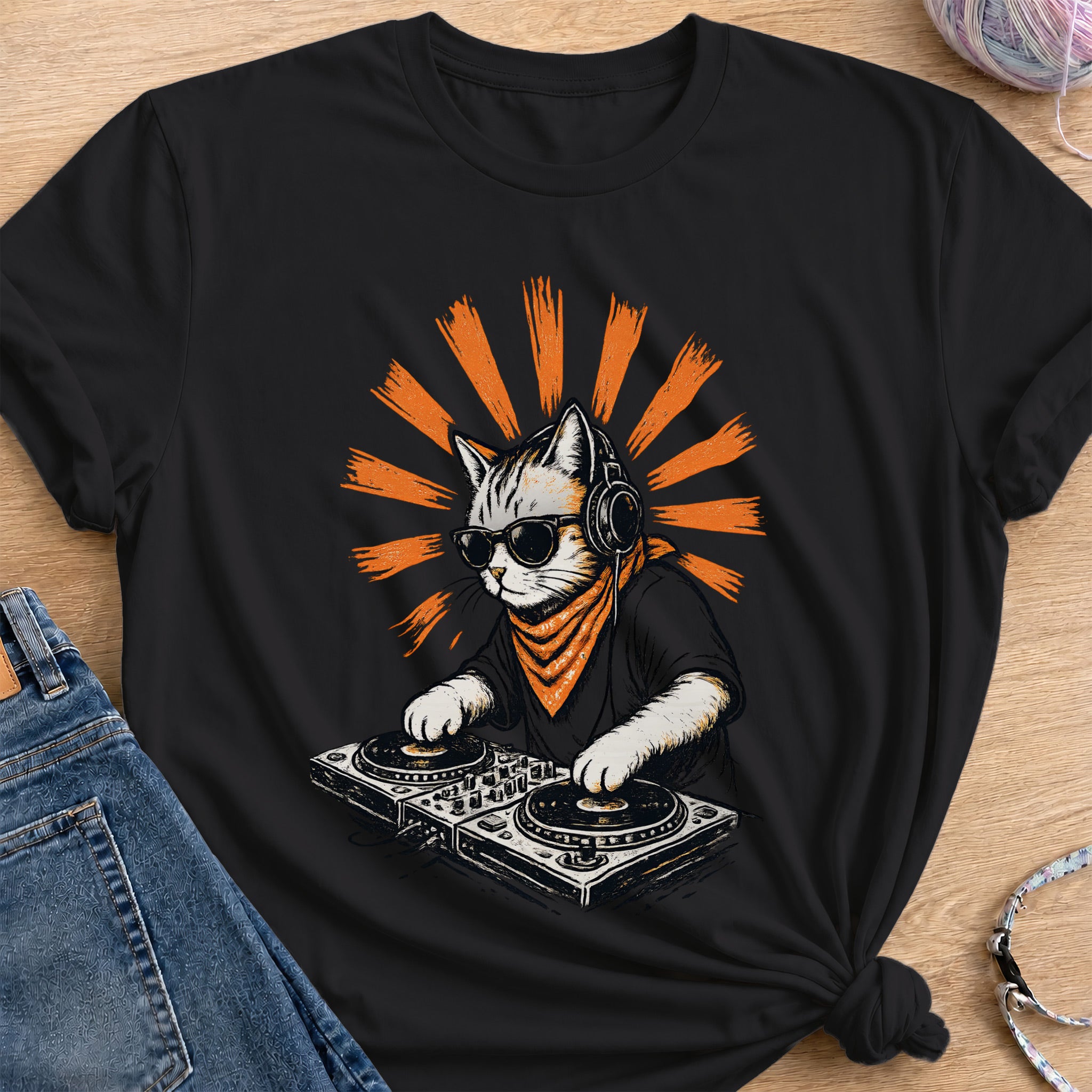 Cool DJ Cat T-Shirt — Black