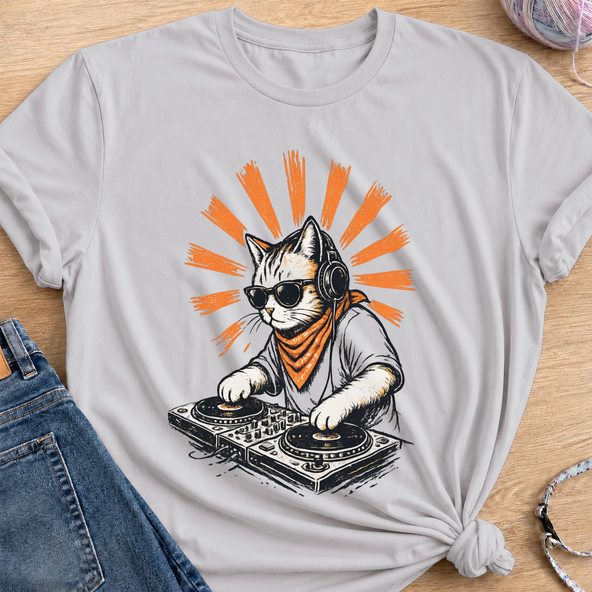 Cool DJ Cat T-Shirt — Ice Grey
