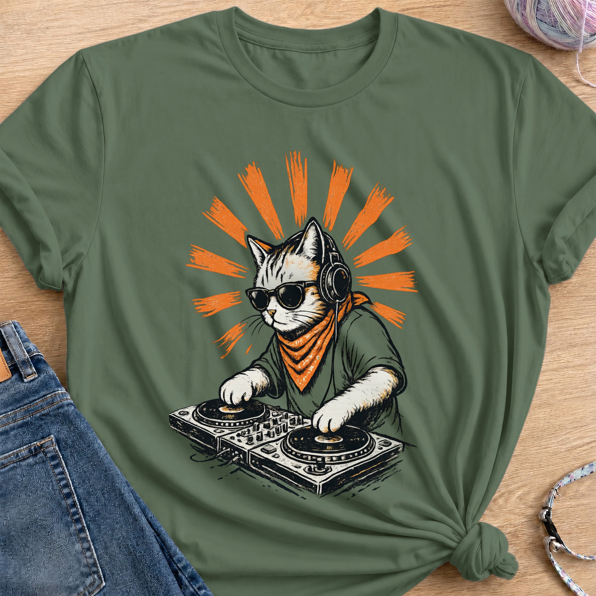 Cool DJ Cat T-Shirt — Military Green