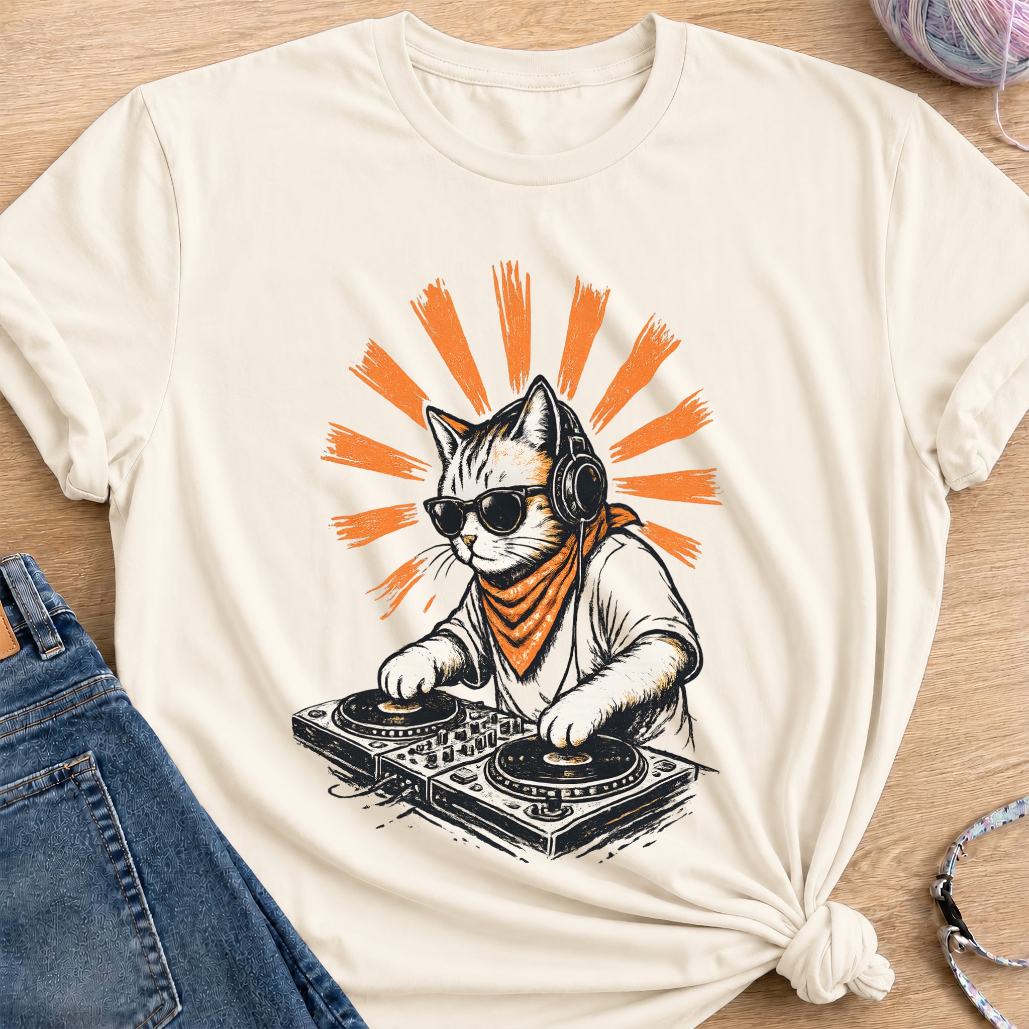 Cool DJ Cat T-Shirt — Natural