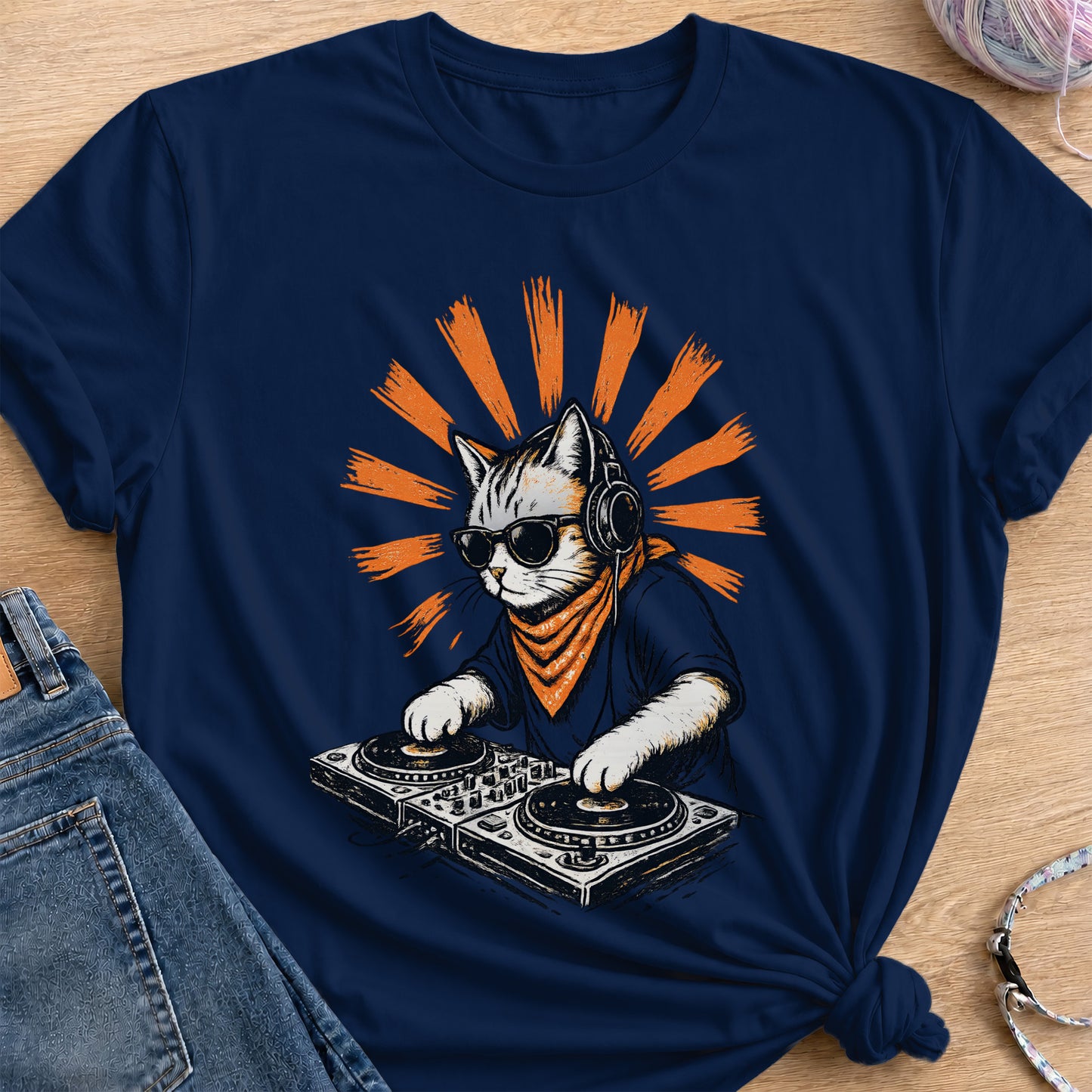 Cool DJ Cat T-Shirt — Navy