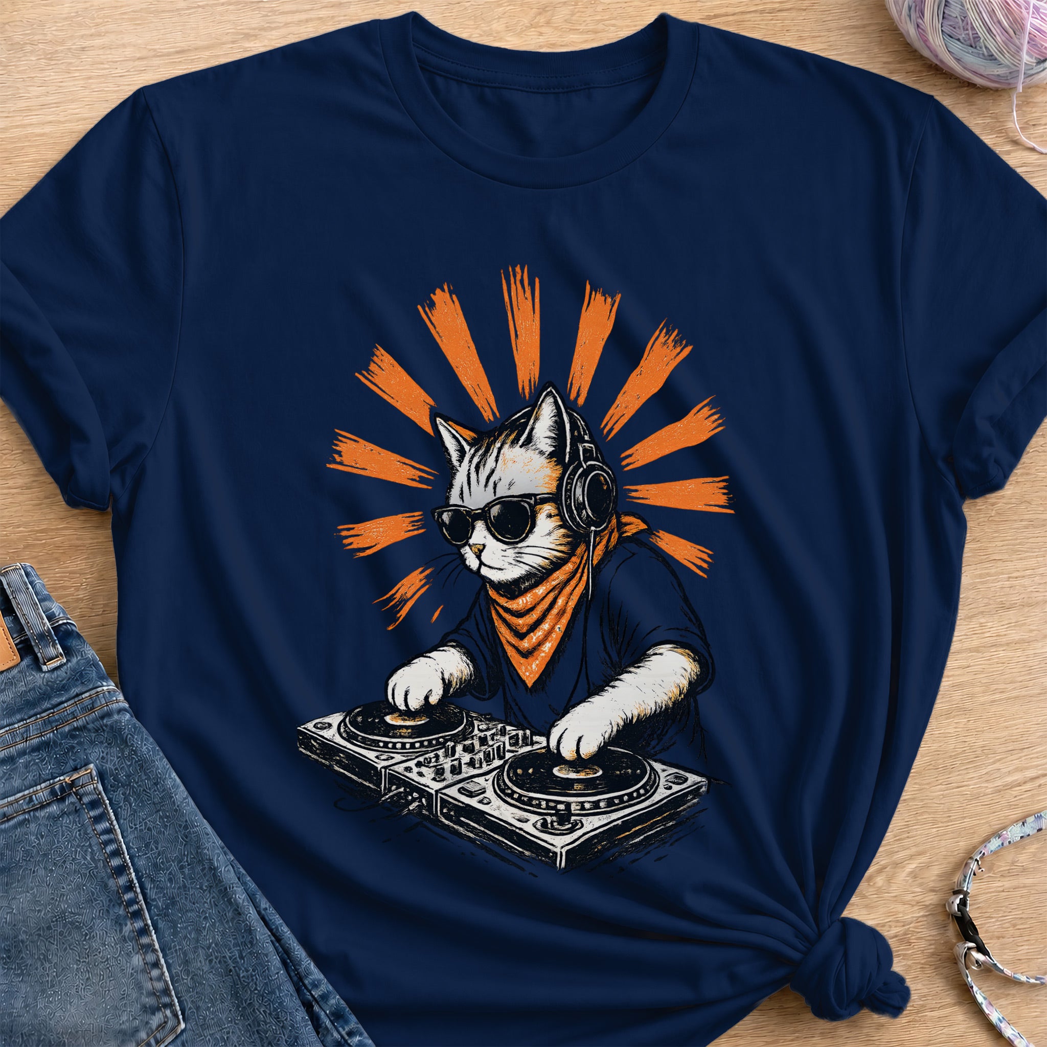 Cool DJ Cat T-Shirt — Navy